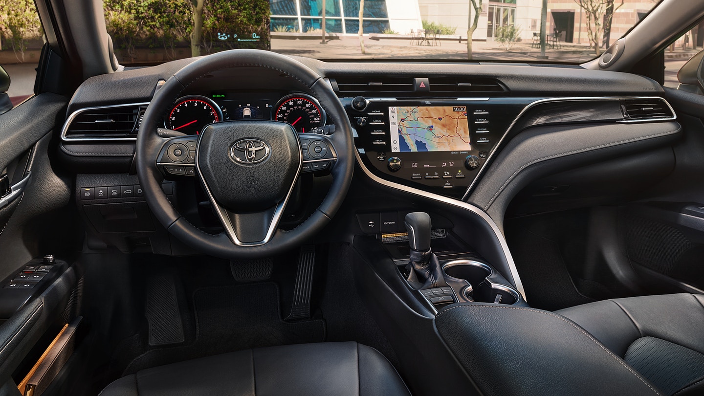 Interior of the 2018 Camry in Black Leather Trim