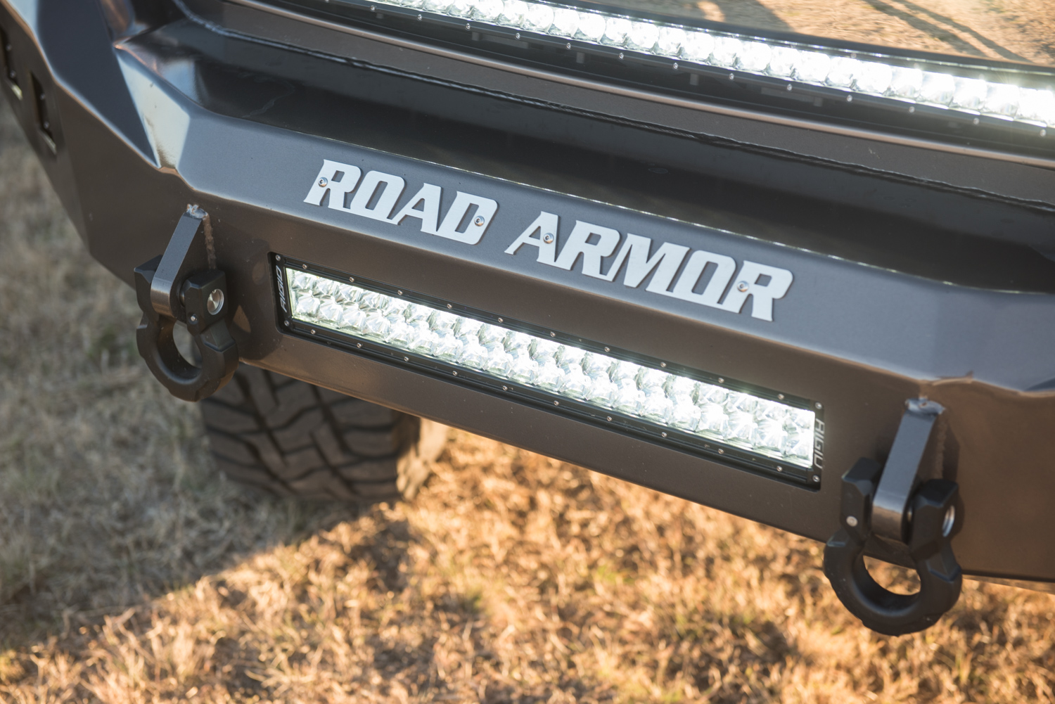 this 2017 ford f-350 king ranch lifted 4x4 truck has road armor stealth bumpers and rigid led light bars installed