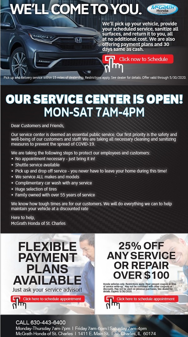 Service Department Coupons, Specials - McGrath Honda of St. Charles