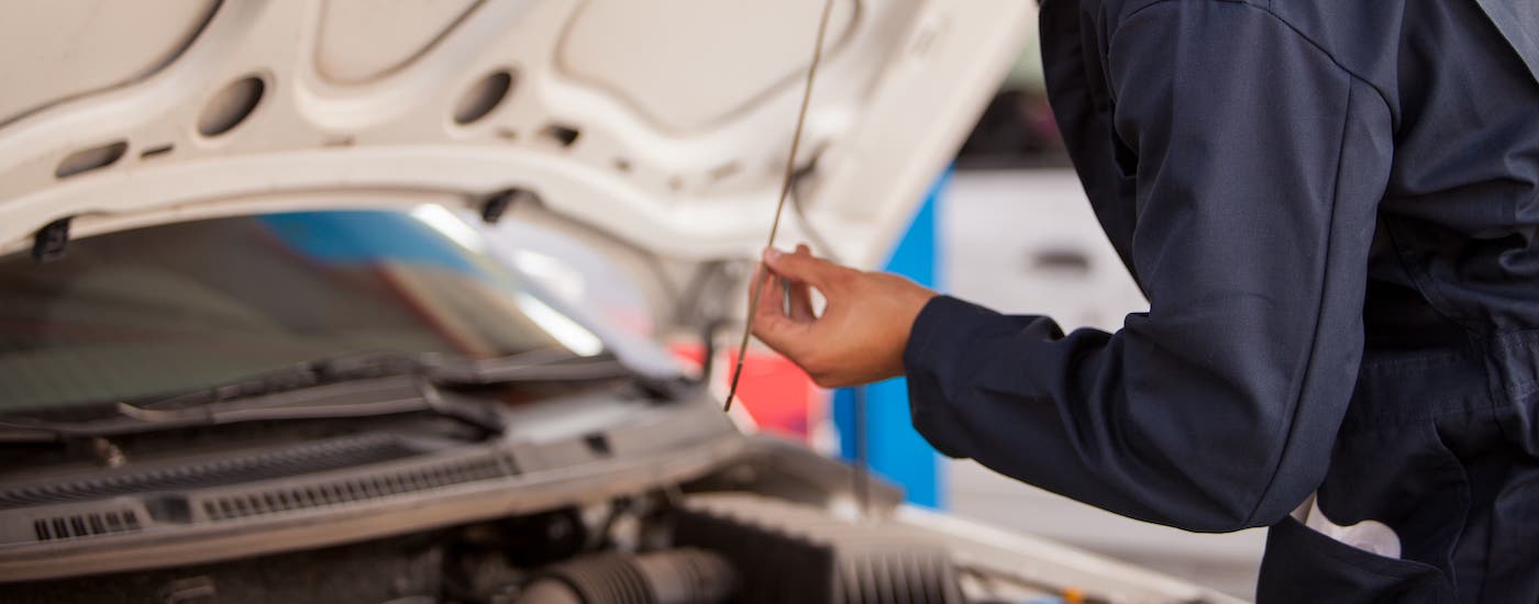 A mechanic is checking the oil level on a car's dip stick as part of an oil change service.
