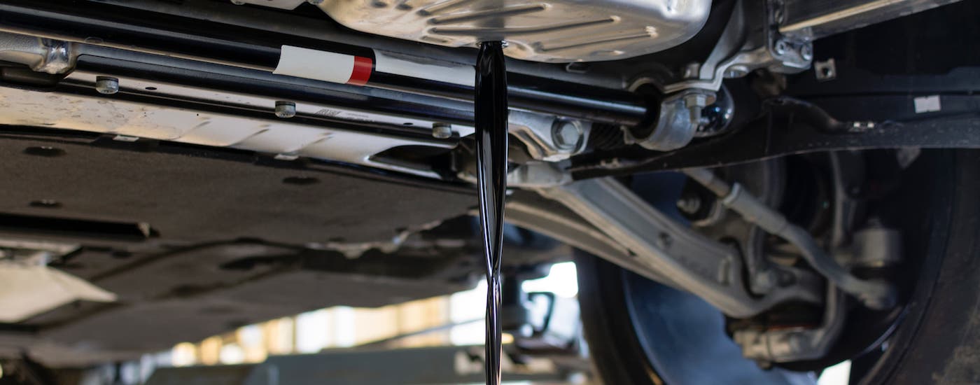 Oil is shown being drained from the bottom of a car.