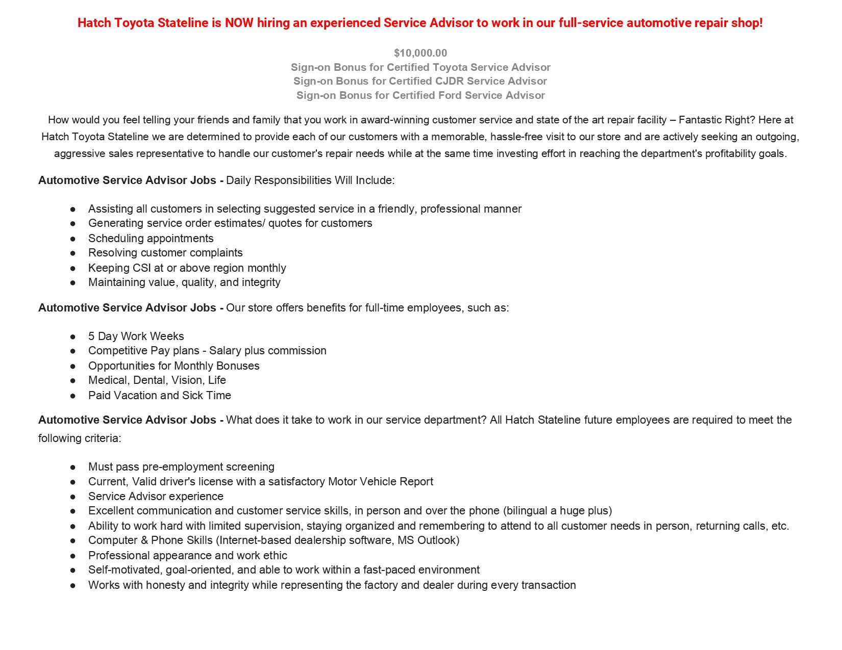Employment Job Opportunities Hatch Toyota Stateline
