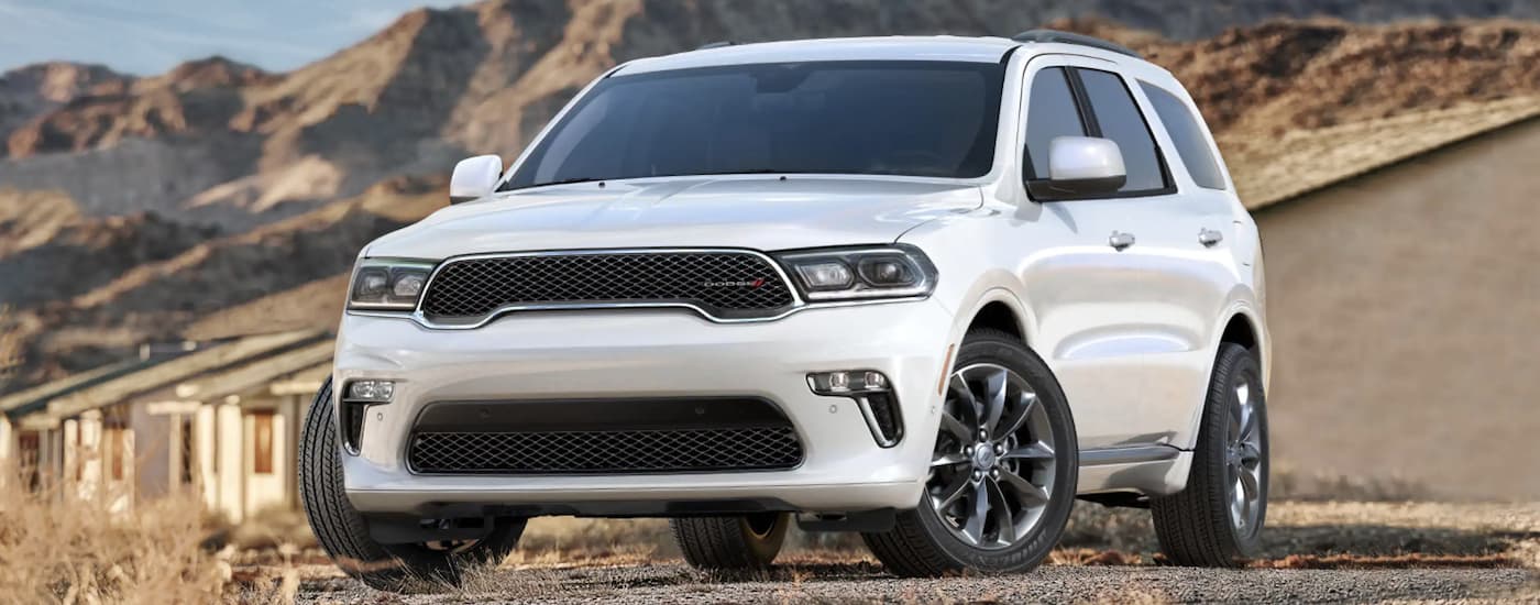 A white 2022 Dodge Durango is shown angled left.