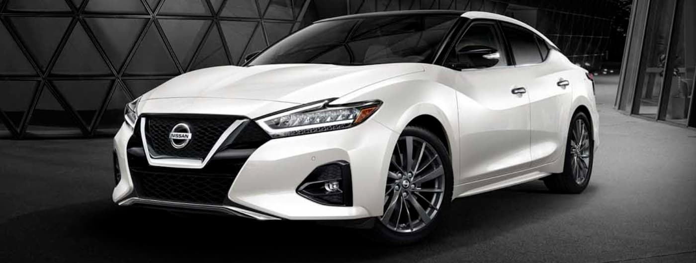A white 2019 Nissan Maxima is shown parked in a modern gallery.
