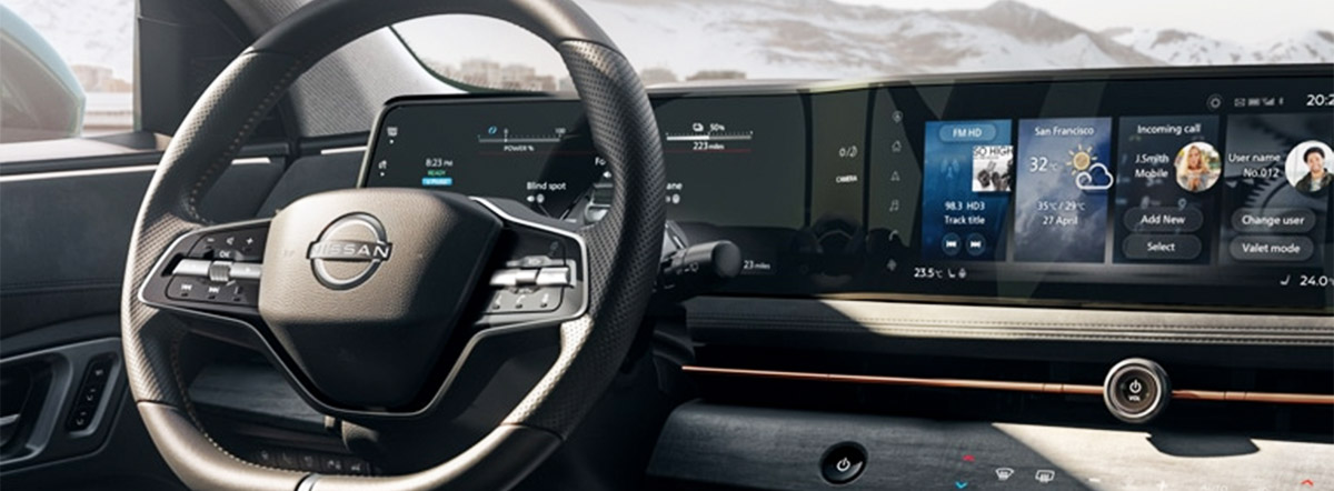 Nissan Ariya interior view of dashboard and display center