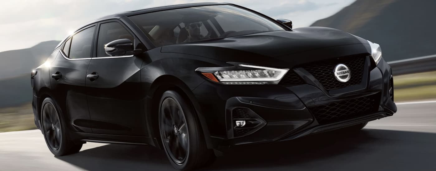 A black 2022 Nissan Maxima is shown from the front driving on an open road after leaving a Nissan dealer in Beaumont. 