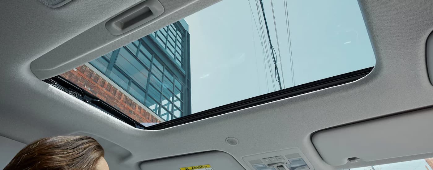 A close up of the sunroof in a 2022 Hyundai Venue for sale is shown.