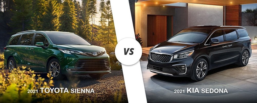 Green 2021 Toyota Sienna versus Black 2021 Kia Sedona on Long Island, NY.