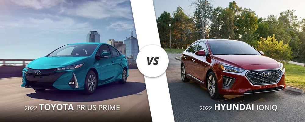 Blue 2022 Toyota Prius Prime versus Red 2022 Hyundai Ioniq on Long Island, NY.