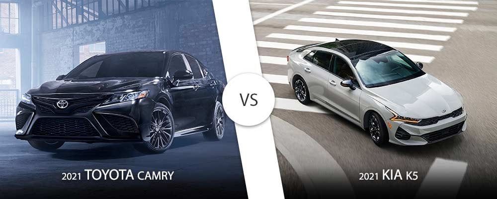 Black 2021 Toyota Camry vs. White 2021 Kia K5 on Long Island, NY.