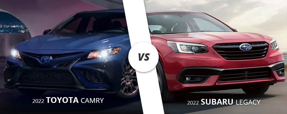 Blue 2022 Toyota Camry vs. red 2022 Subaru Legacy on Long Island, NY.