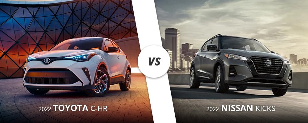 White 2022 Toyota C-HR vs. Silver 2022 Nissan Kicks on Long Island, NY.