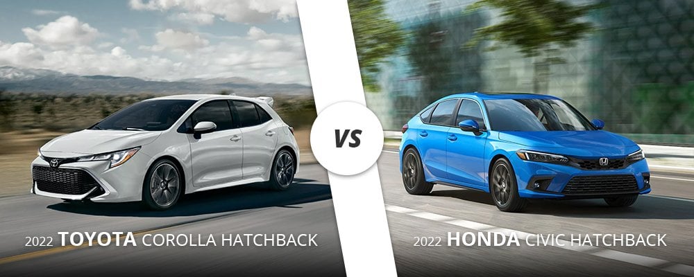 White 2022 Toyota Corolla Hatchback vs Blue 2022 Honda Civic Hatchback here on Long Island, NY.
