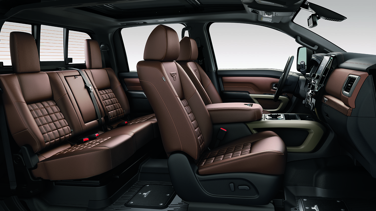 2023 Nissan Titan interior seats, side profile looking at all seats, brown leather
