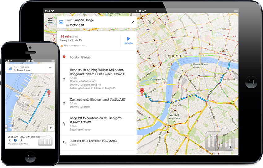 Google Maps displayed on a cellphone and tablet