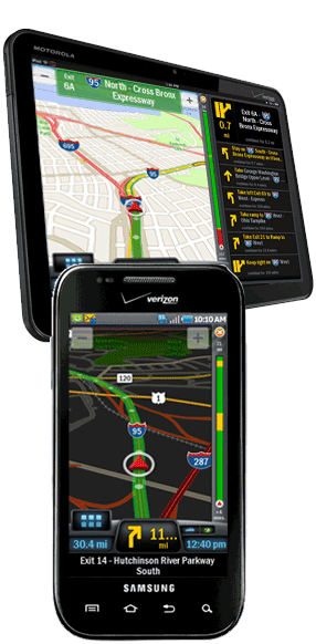 CoPilot GPS Navigation maps shown on a cellphone and tablet
