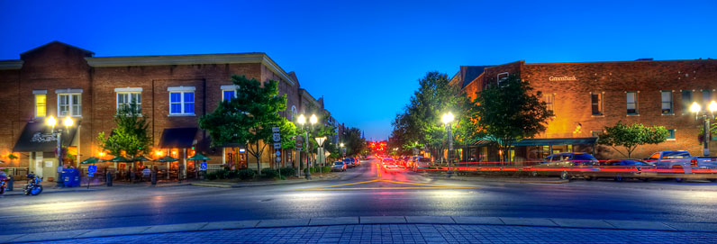 Buildings in downtown Franklin, TN at dawn.