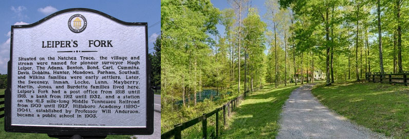 Historic village of Leiper's Fork, TN historical marker and nature trail.