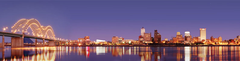 View of downtown Memphis, TN and bridge spanning the Mississippi river.