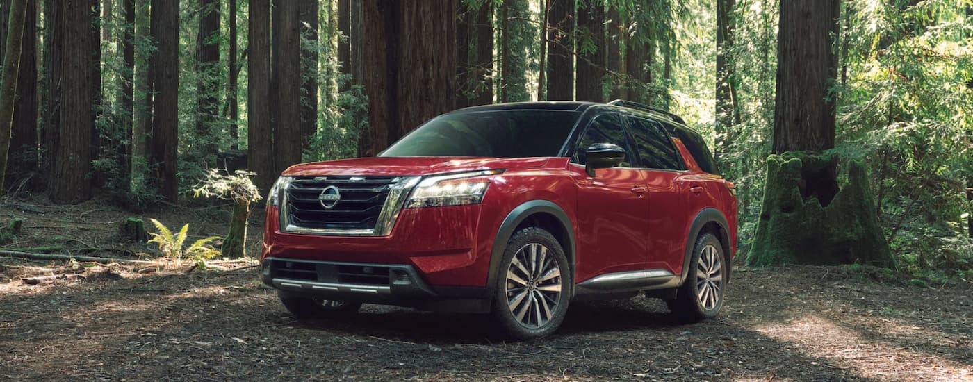 A red 2023 Nissan Pathfinder Platinum is shown parked on a forest trail.
