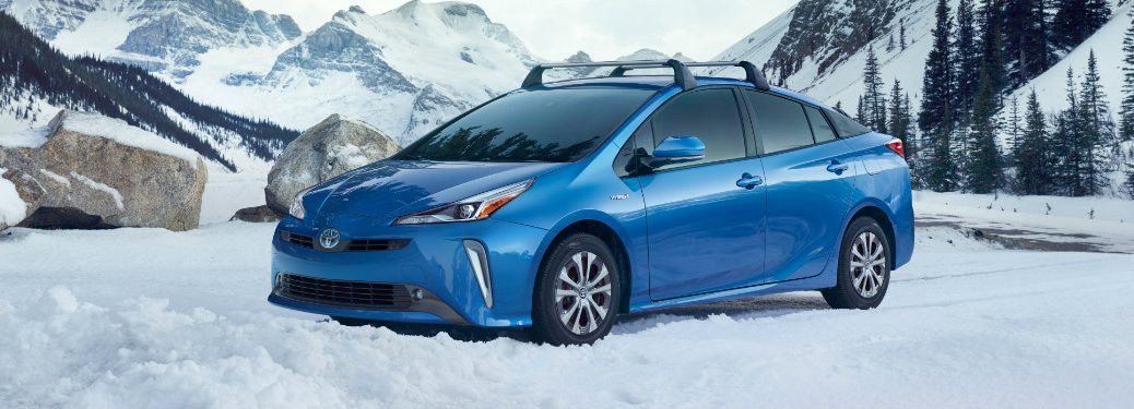 front and side view of blue 2019 toyota prius awd-e