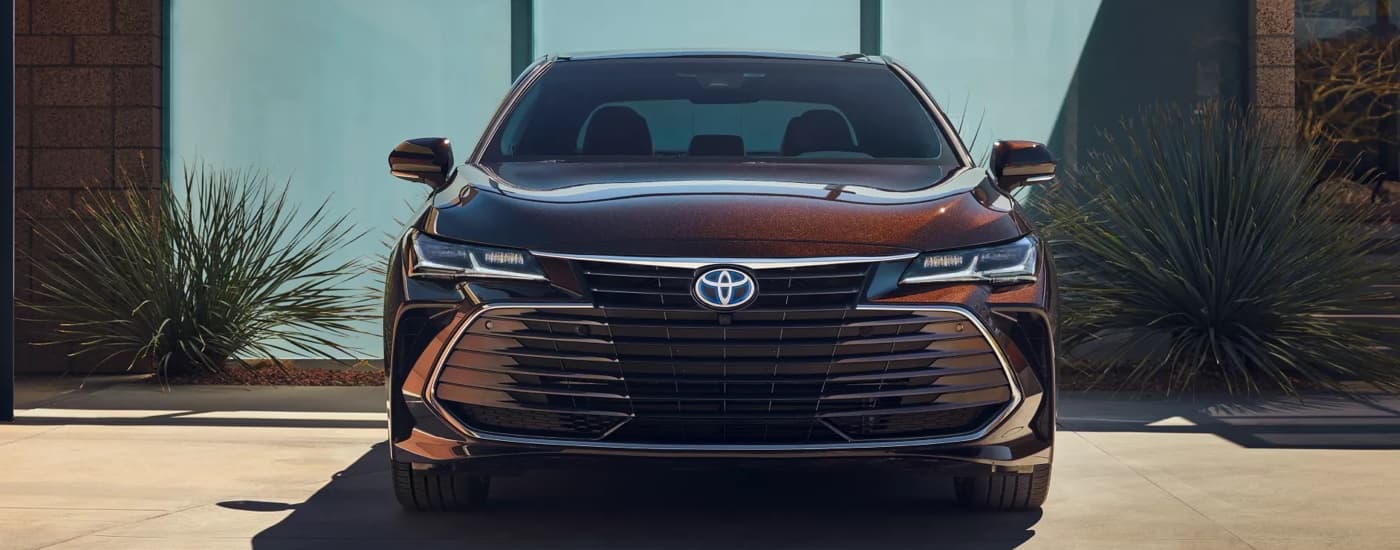 Front view of a brown 2022 Toyota Avalon Hybrid parked in front of large windows
