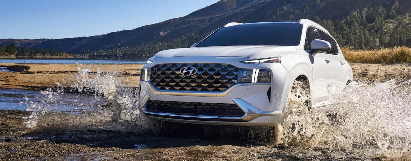 A white 2023 Hyundai Santa Fe is shown from the front driving through a river.