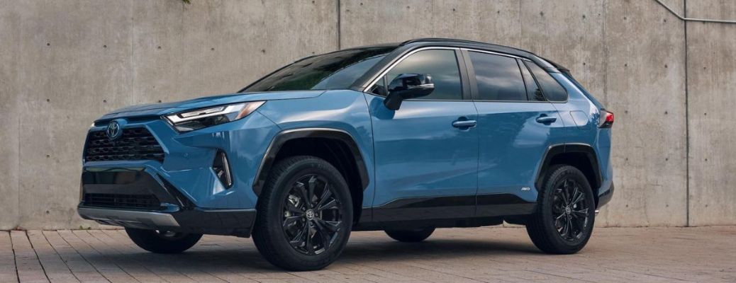 Close view of a blue 2023 Toyota RAV4.