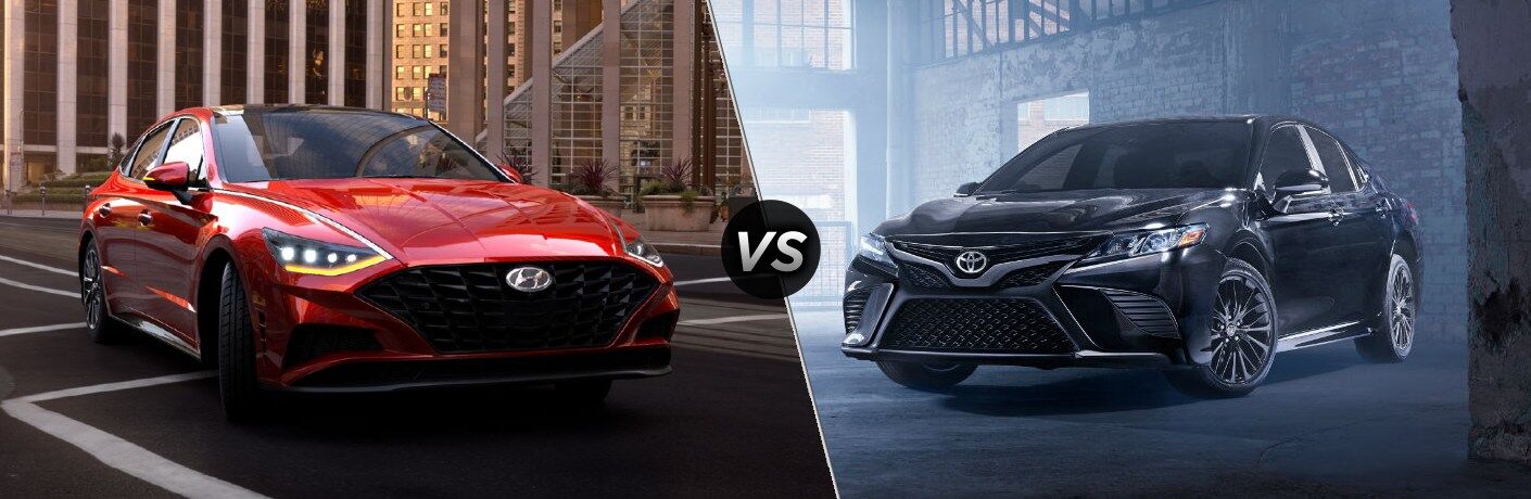 Red 2020 Hyundai Sonata and black 2020 Toyota Camry, separated by a diagonal line and a "VS" logo.