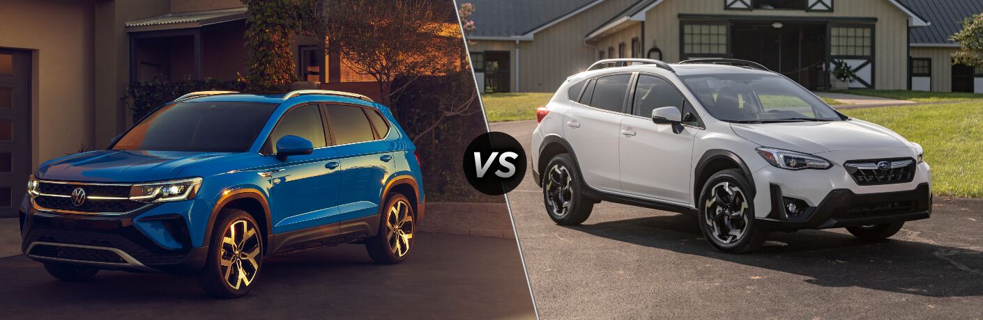 2022 Volkswagen Taos  vs 2022 Subaru Crosstrek front quarter view