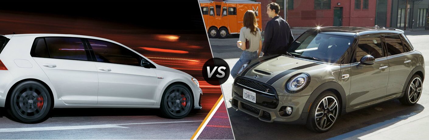 White 2019 Volkswagen Golf GTI and striped 2019 MINI Cooper S, separated by a diagonal line and a …
