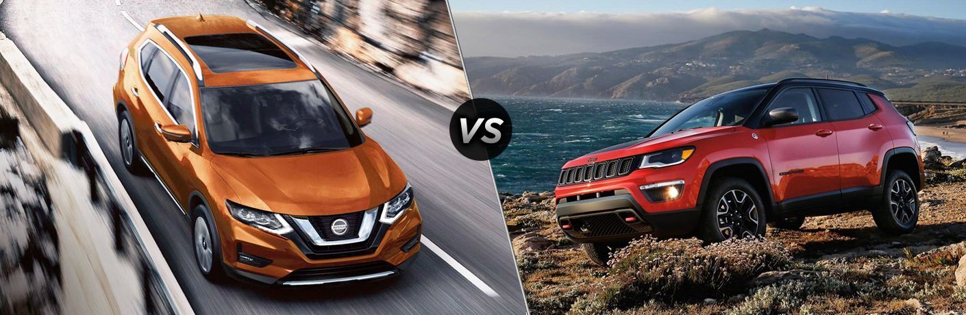 Orange 2020 Nissan Rogue and red 2020 Jeep Compass, separated by a diagonal line and a "VS" logo