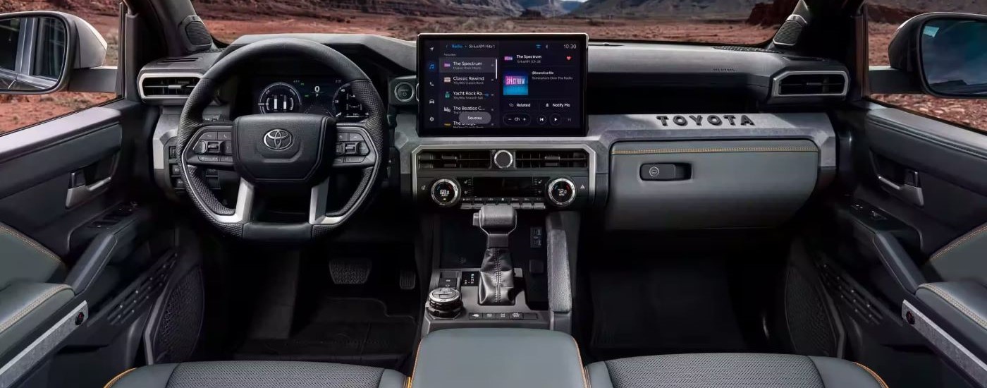 A close up shows the dash in a 2024 Toyota Tacoma Trailhunter.