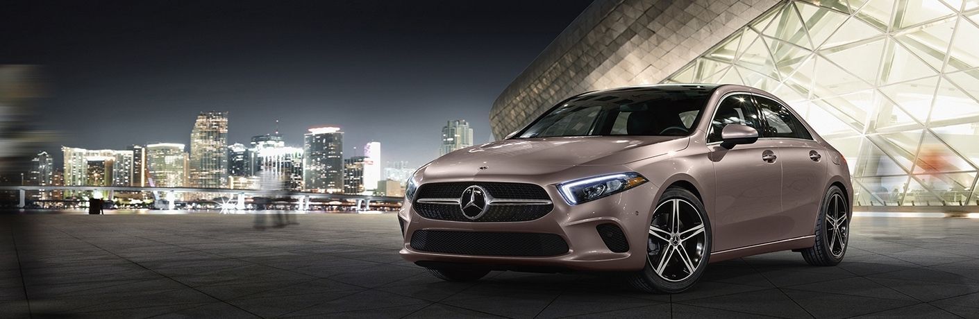 A 2022 Mercedes-Benz A-Class under city lights