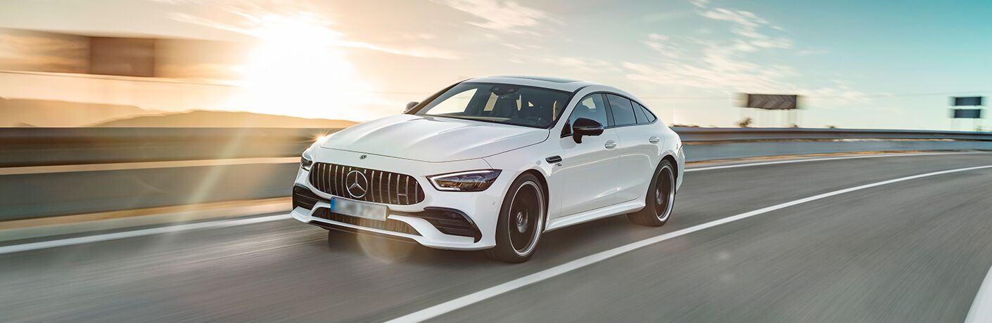 side view of a white 2019 Mercedes-Benz GT 4-Door Coupe