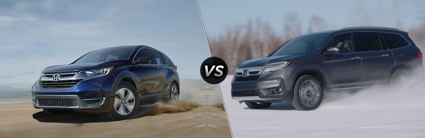 Blue 2019 Honda CR-V and blue 2020 Honda Pilot, separated by a diagonal line and a "VS" logo.