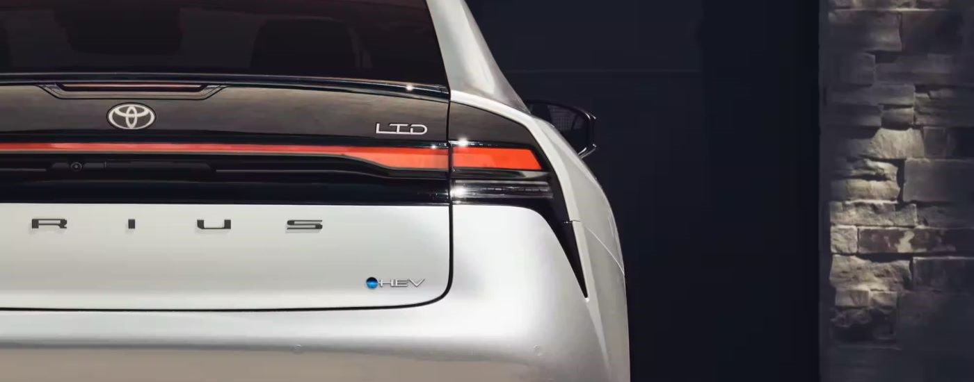 A close up shows the passenger side taillight on a silver 2023 Toyota Prius Limited.