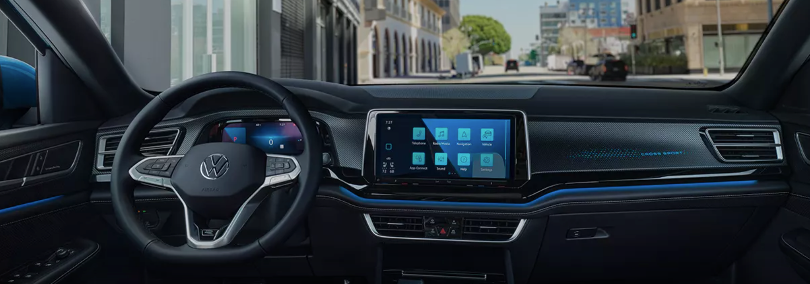 Steering Wheel and Infotainment System of the 2024 Volkswagen Atlas Cross Sport