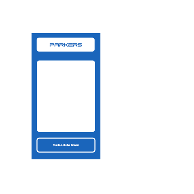 Illustration of a smartphone displaying the 'Parkers' app interface with a 'Schedule Now' button, alongside a car tire, representing the easy online tire service booking system offered by Parkers Chrysler in Penticton.