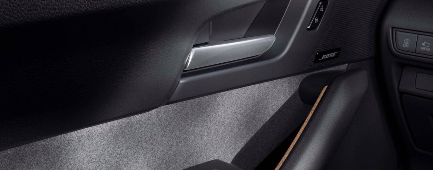 A close up shows the door card in a 2023 Mazda MX-30.