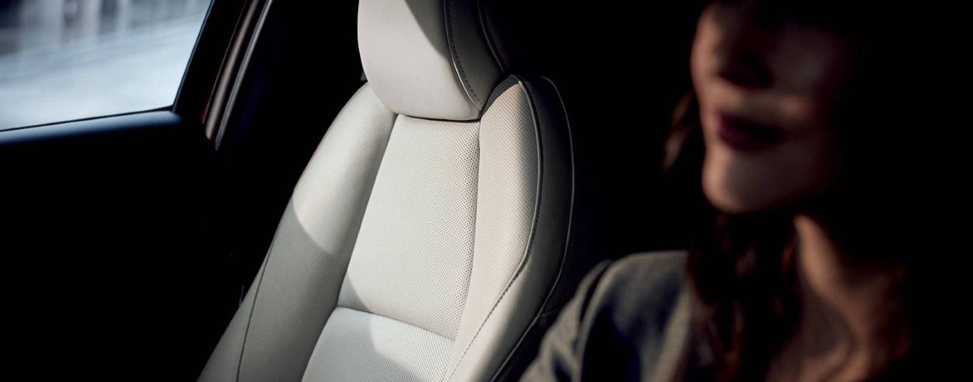 A close up shows the white leather seat in a 2023 Mazda CX-30.