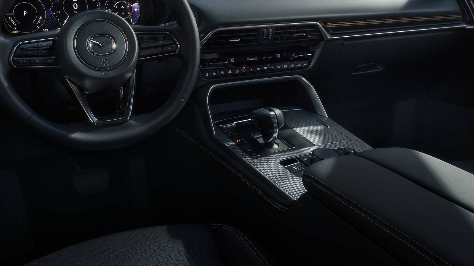 Gear Selector and Steering Wheel in the 2024 MAZDA CX-90 PHEV