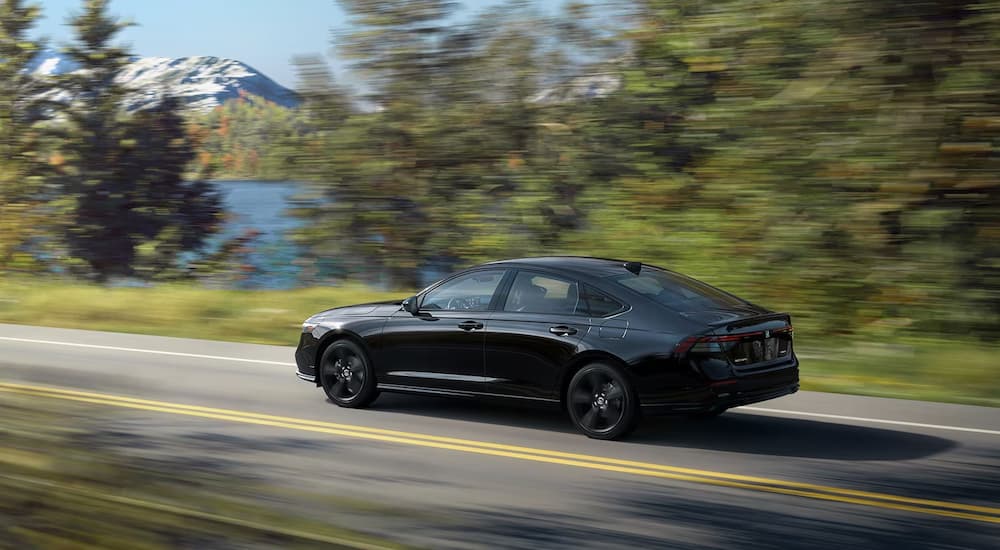 A black 2023 Honda Accord Sport is driving on a tree-lined road.