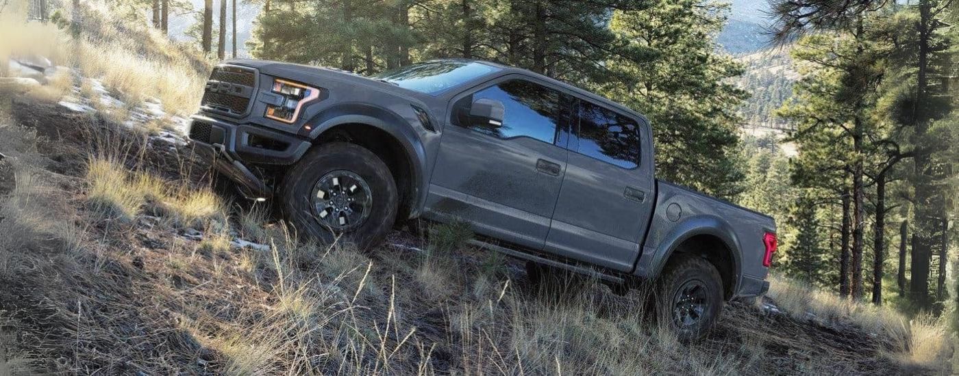 A grey 2018 Ford F-150 Raptor is shown driving in the mountains.