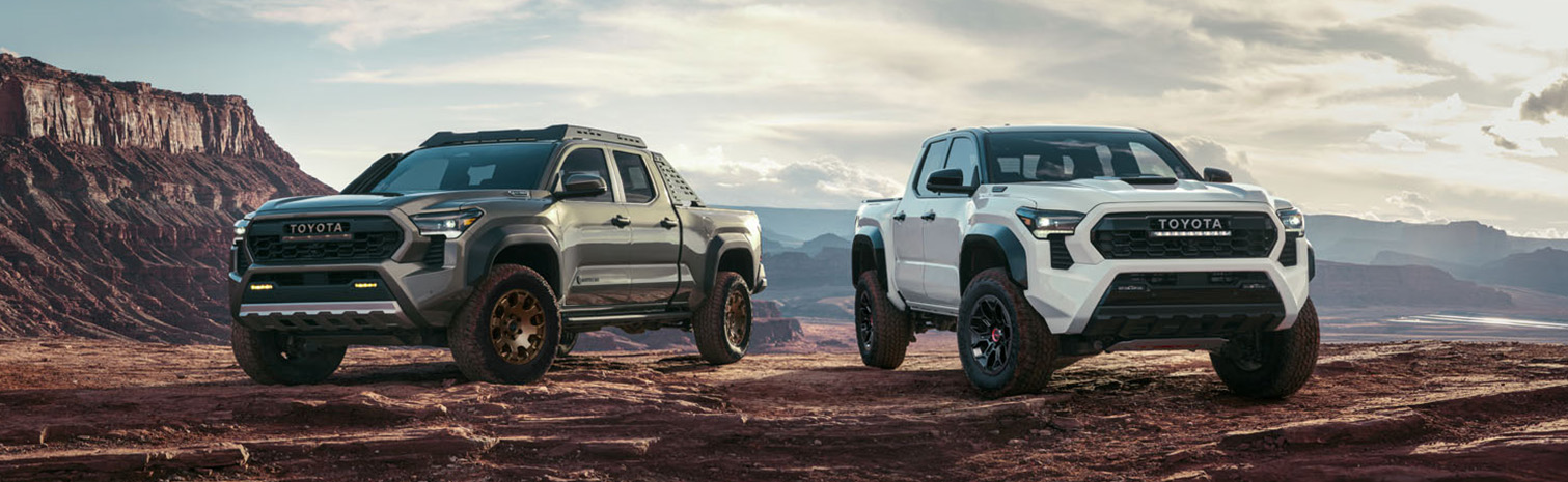 2024 Toyota Tacoma vs. 2024 Ford Ranger at Tri County Toyota | 2024 Tacoma Bronze Edition & White 2024 Tacoma TRD Pro Parked Next to Each Other on Rocky Terrain