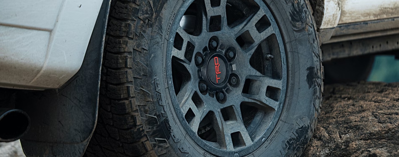 Close-up of the wheel of a white 2024 Toyota 4Runner TRD Pro.