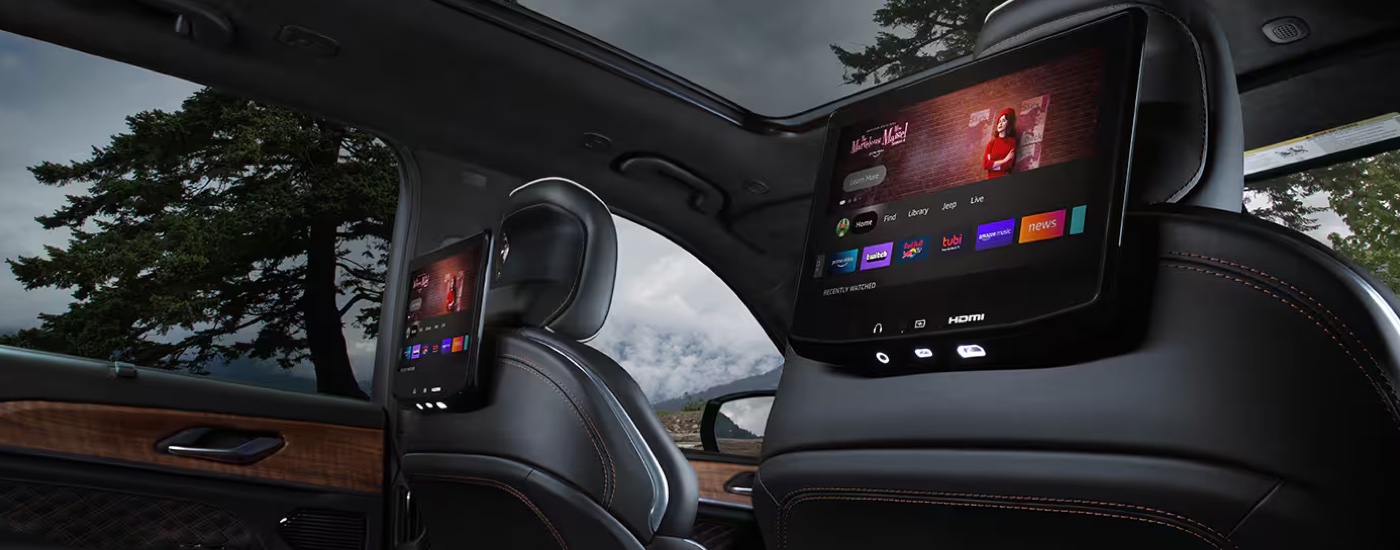 Backseat entertainment screens in a 2024 Jeep Grand Cherokee L.