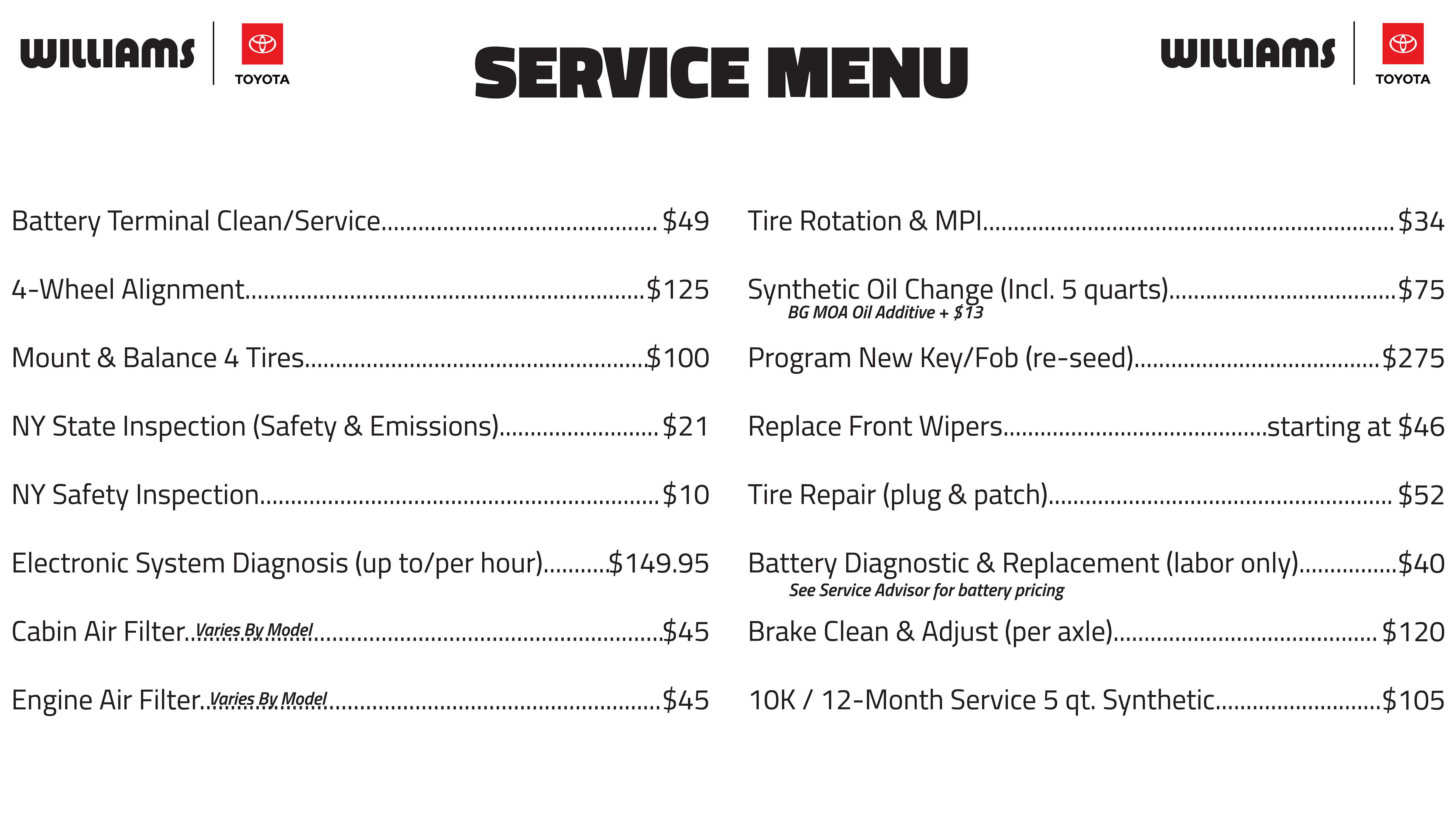 Service Pricing Menu - Williams Toyota of Elmira