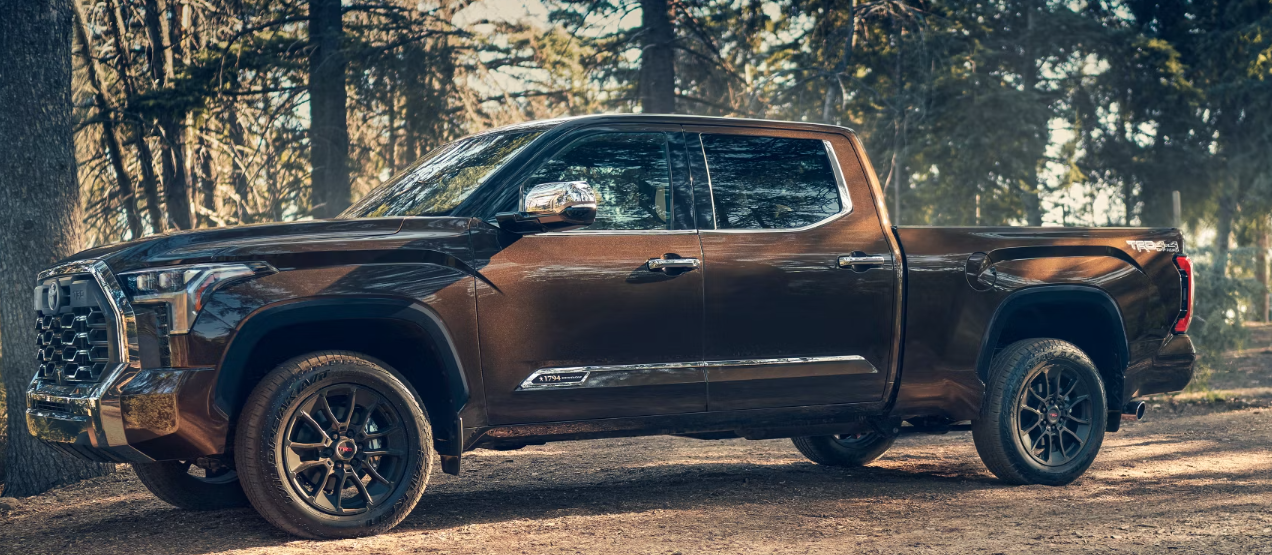A brown 2024 Toyota Tundra parked in a forest clearing