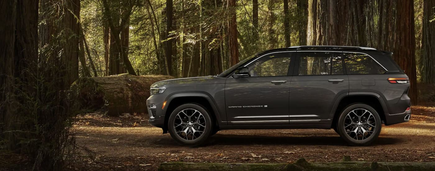 Side view of a grey 2023 Jeep Grand Cherokee parked in the woods after visiting a Jeep dealer near Rosenberg.